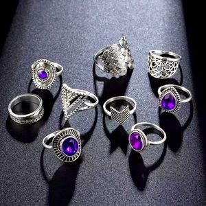 🎀NWT 9 PCS Purple Silver Rhinestones Luxury Designer Rings